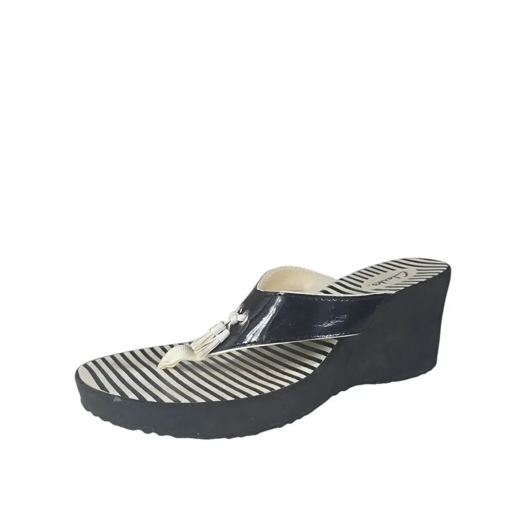 Clarks Black and White Wedge Sandals with Striped Footbed
